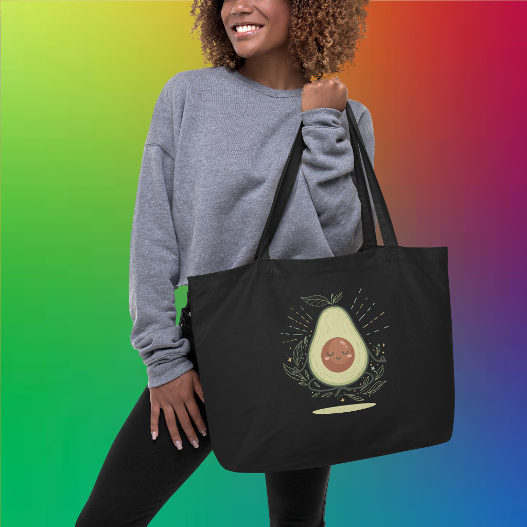 Organic Cotton Large Tote Bag – Meditating Avocado | Eco-Friendly, Vegan, Reusable Shopping Bag
