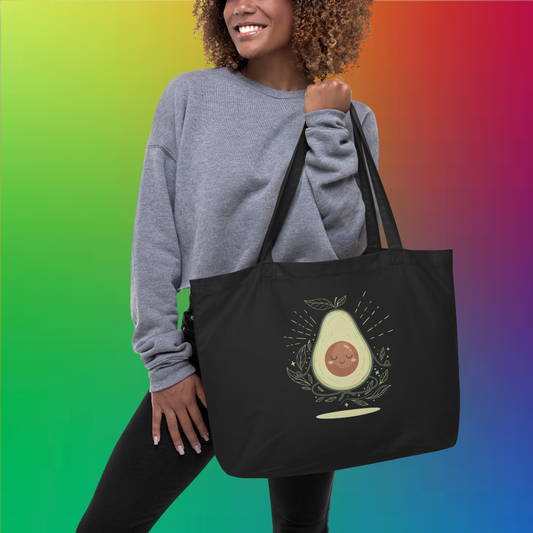 Organic Cotton Large Tote Bag – Meditating Avocado | Eco-Friendly, Vegan, Reusable Shopping Bag