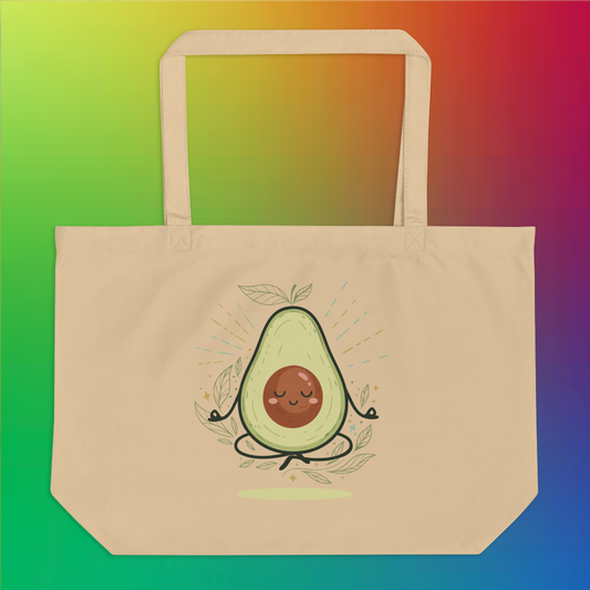 Organic Cotton Large Tote Bag – Meditating Avocado | Eco-Friendly, Vegan, Reusable Shopping Bag